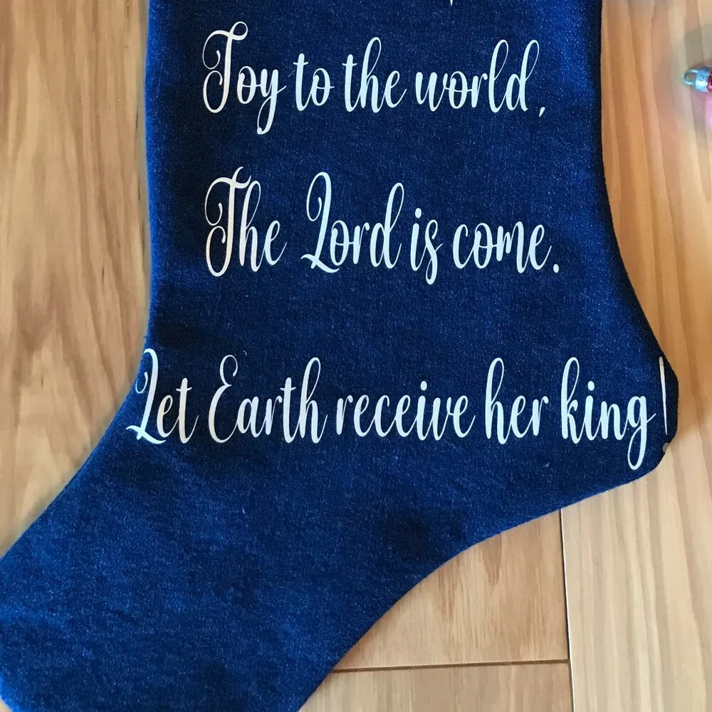 Denim Christmas Stocking, Old Fashioned Holiday Home Decor Joy to the World